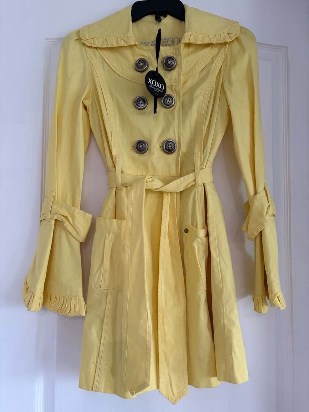 XOXO Premium Denim Ruffled Trench Coat in Yellow